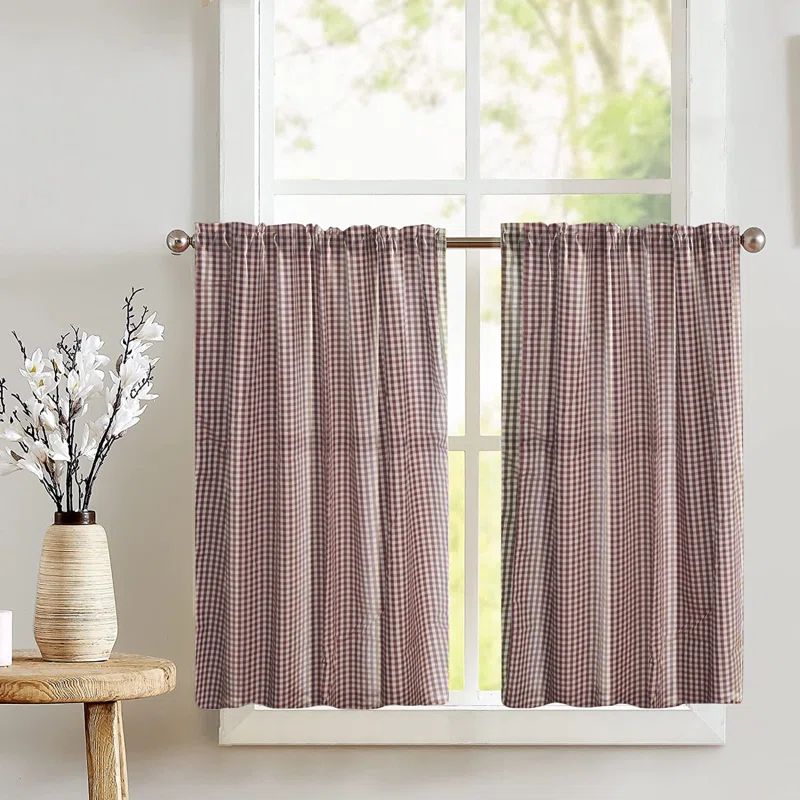 Burgundy Cotton Gingham Checkered Kitchen Tier Curtains, 36"