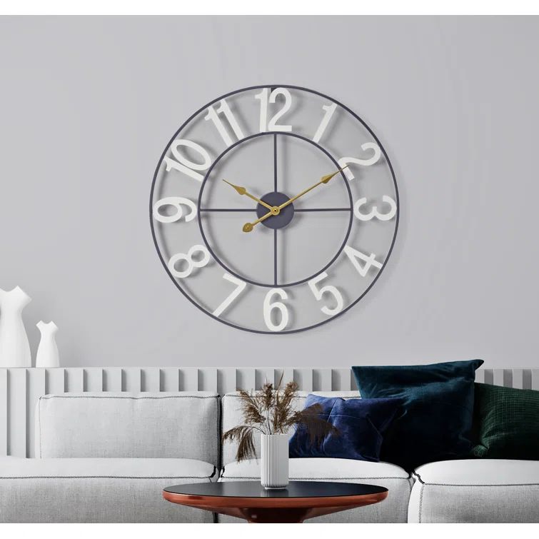 Oversized Black Metal Wall Clock with White Numerals, 16" Diameter