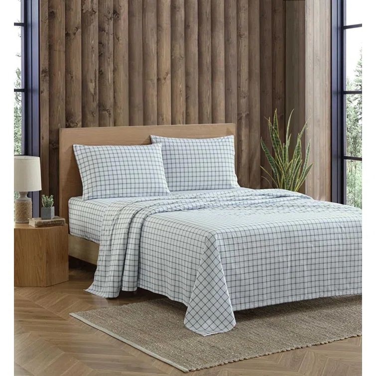 Queen Size Green and White Cotton Percale Plaid Sheet Set
