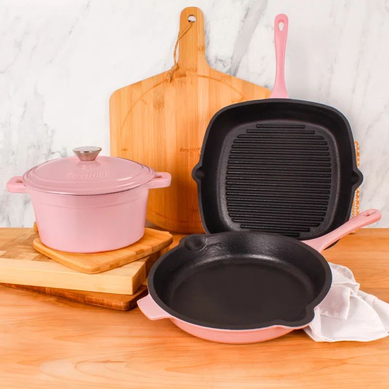 Pink Enamel Cast Iron Cookware Set with Grill Pan, Fry Pan, and Dutch Oven