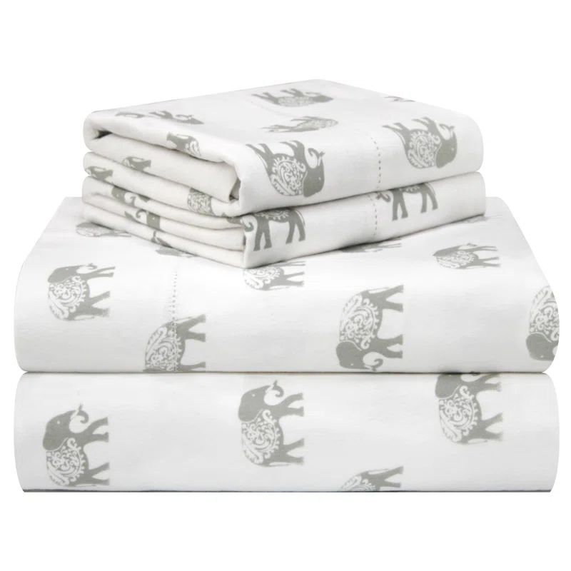 Twin XL Cotton Flannel Elephant Print Deep Pocket Sheet Set