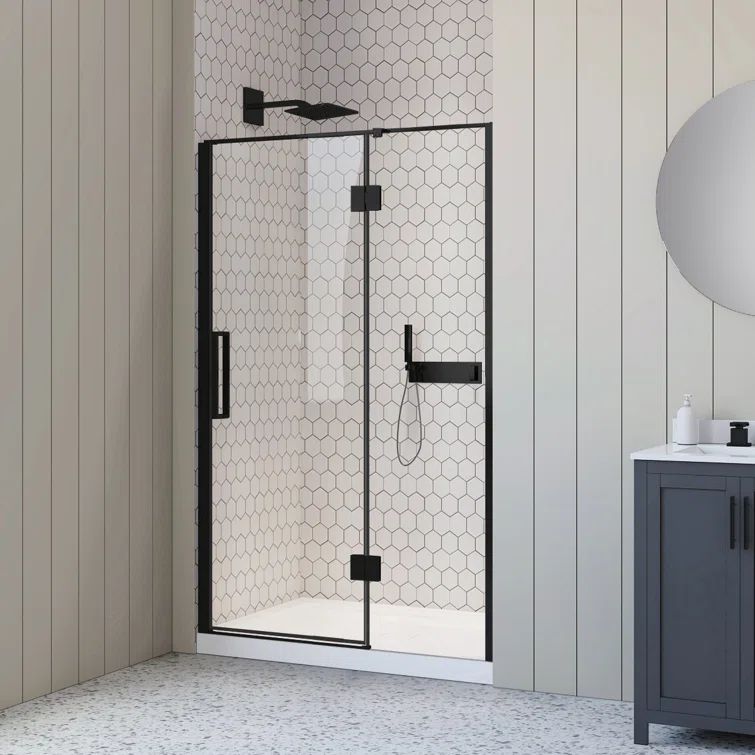 Tani 48'' x 74'' Black Framed Clear Glass Pivot Shower Door