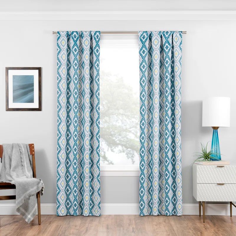 Teal Geometric Ikat Polyester Blackout Rod Pocket Window Panel