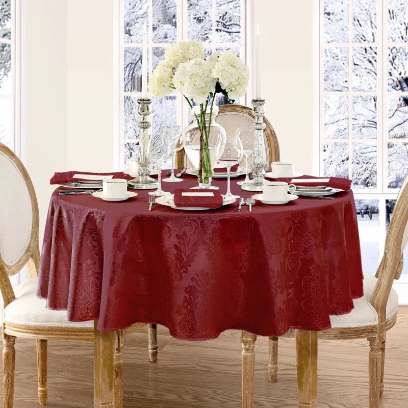 Burgundy Jacquard Damask Stain Resistant Round Tablecloth