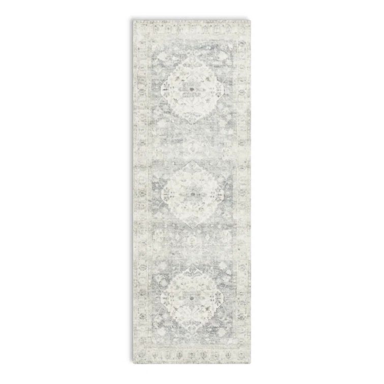 Denim Blue and Ivory Medallion Synthetic Runner Rug