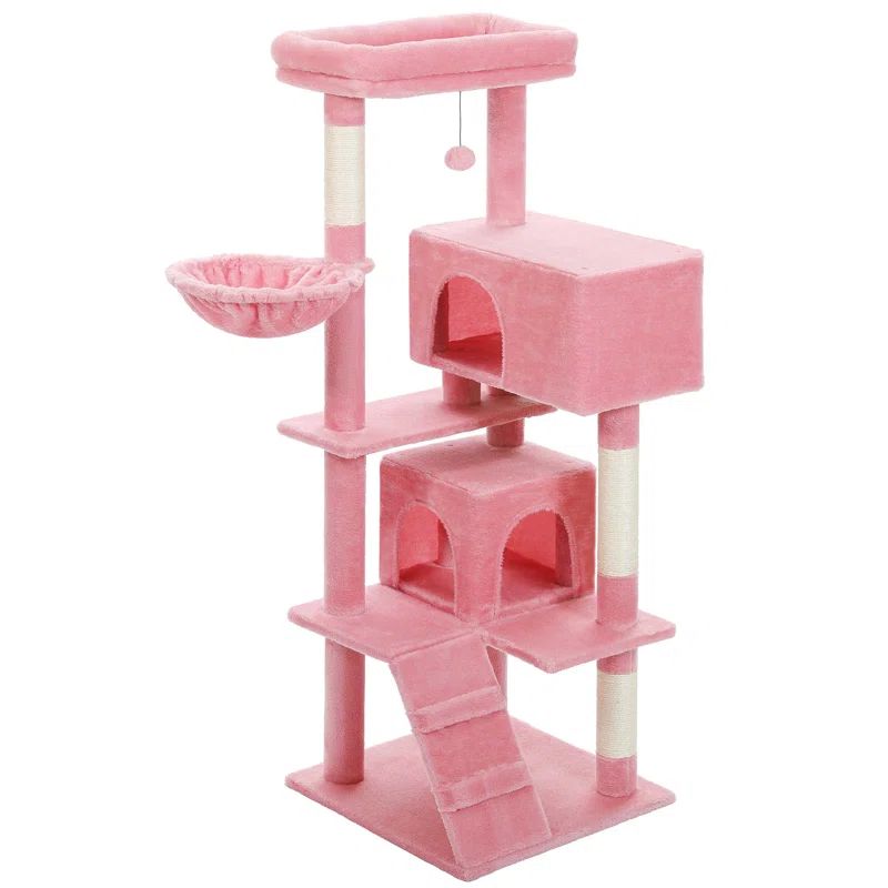 Tall Pink Faux Fur Multi-Level Cat Tree Tower with Sisal Posts