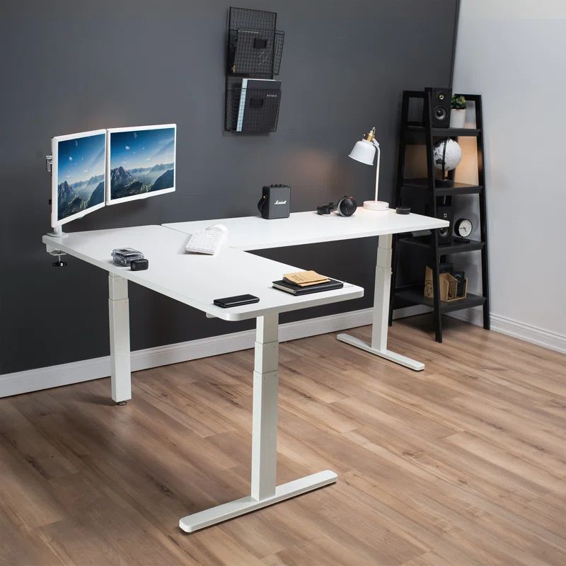 White L-Shaped Electric Adjustable Height Corner Desk with Keyboard Tray