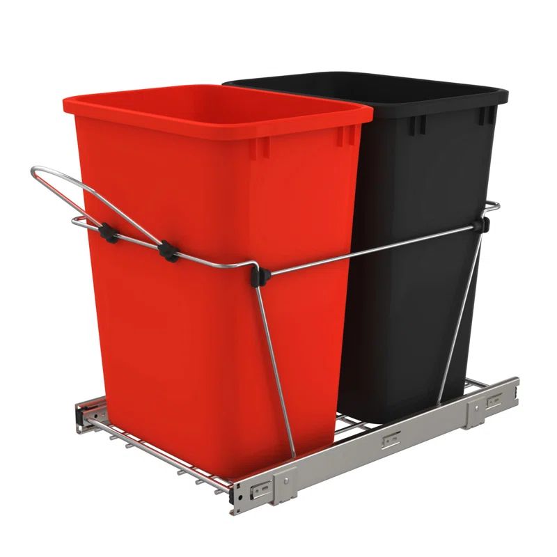 Double Pull-Out Waste Bin Containers with Red and Black Plastic Bins