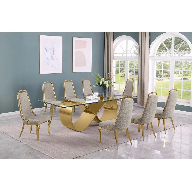 Luxurious Gold Stainless Steel and Clear Glass Dining Set with Gray Boucle Fabric Chairs