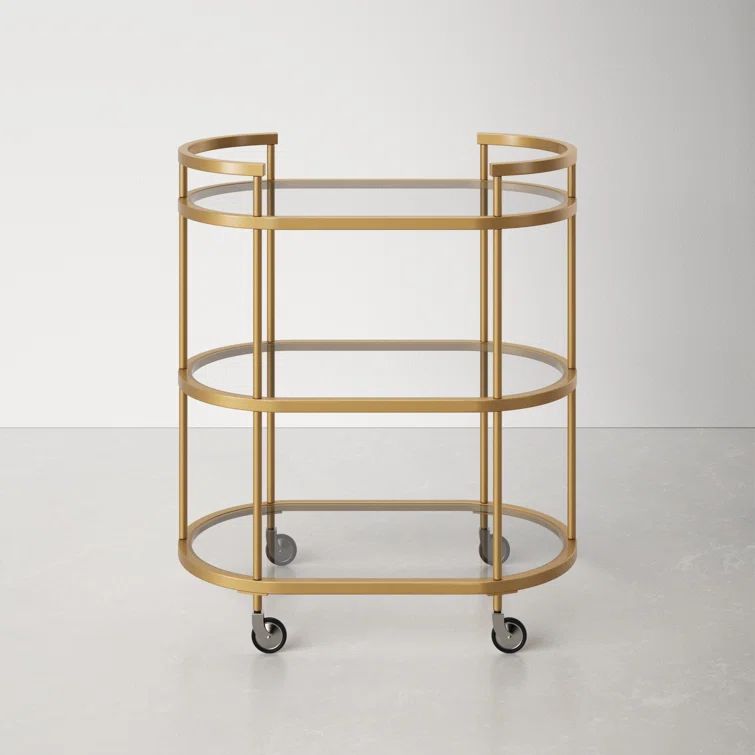 Evelyn Oval Brass Bar Cart with Tempered Glass Shelves