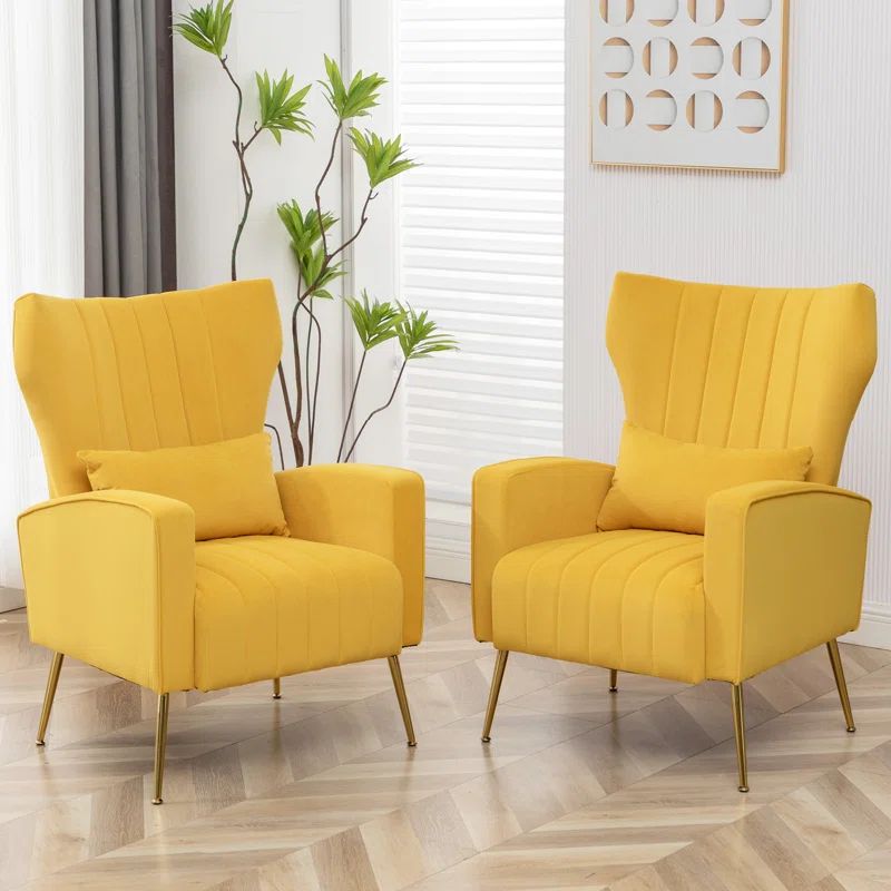 Yellow Velvet Wingback Accent Chairs with Pillows, Set of 2