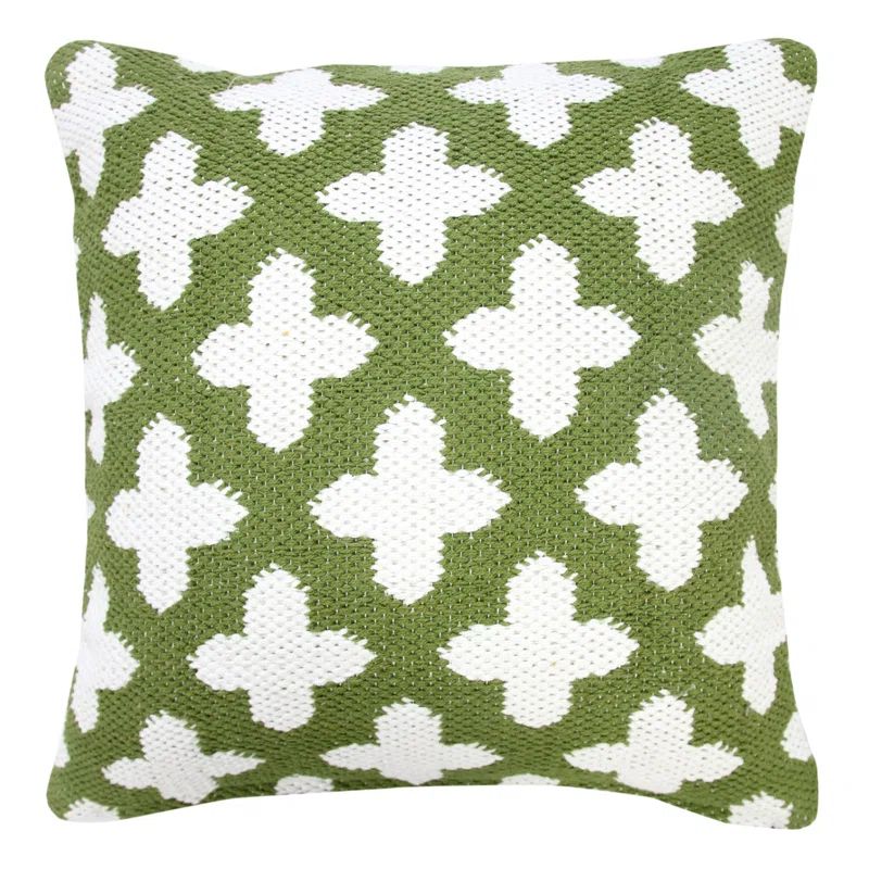 Green and White Woven Geometric Cotton Throw Pillow, 20" Square