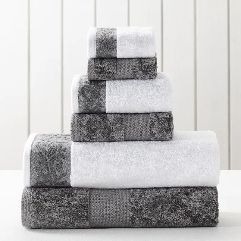 Charcoal and White Cotton 6-Piece Towel Set with Jacquard Border