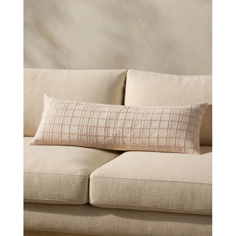Beige Cotton Rectangular Throw Pillow with Windowpane Design