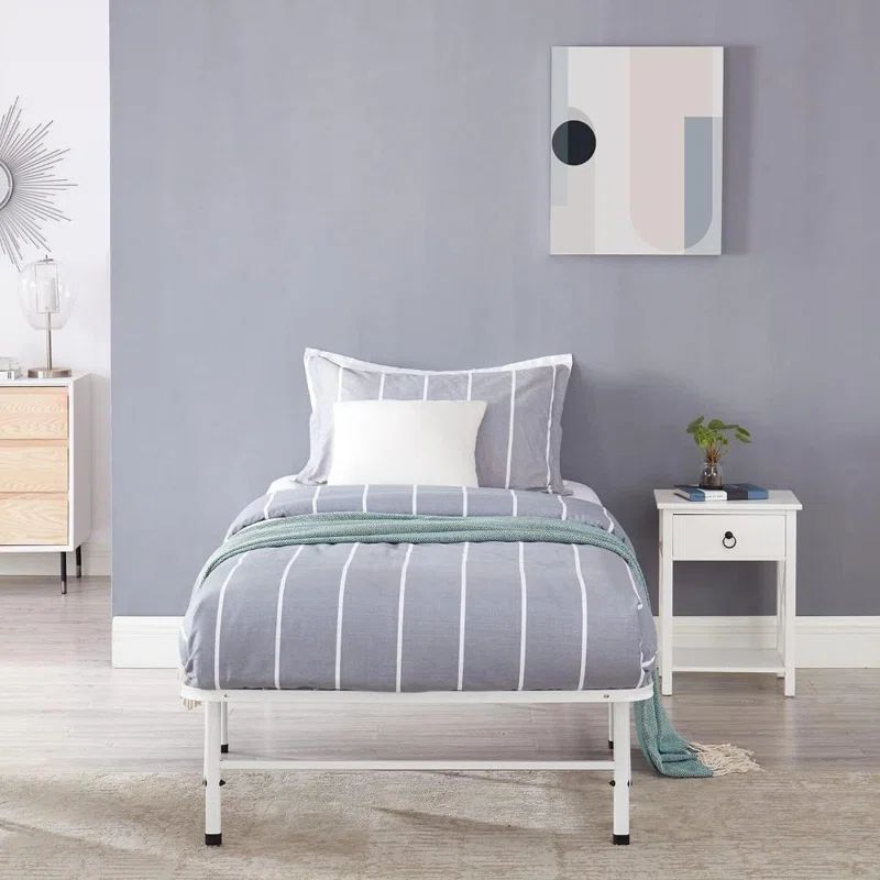 White Twin Foldable Metal Platform Bed Frame with Underbed Storage