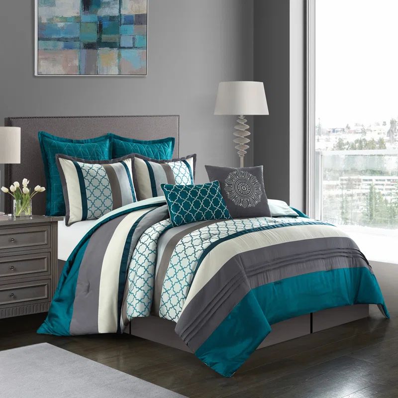 Teal and Gray Polyester Queen Comforter Set with Pillows