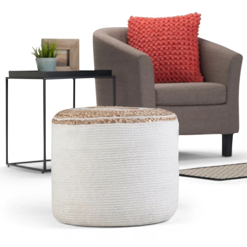 Natural Cotton and Jute Round Pouf with Braided Design