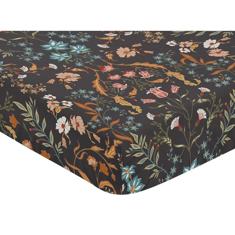 Black and Orange Floral Microfiber Toddler Crib Sheet Set