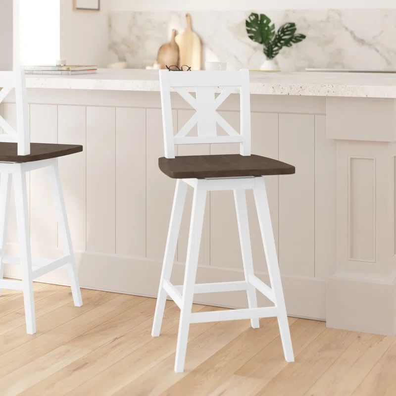 Antique White Wash and Brown Wooden Swivel Counter Stool
