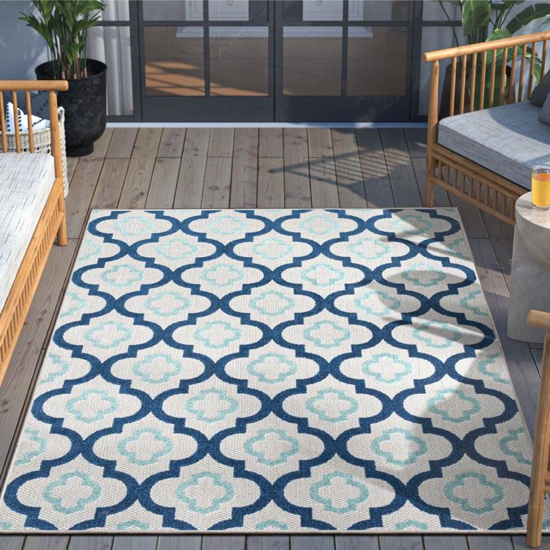 Reversible Geometric Blue Synthetic Rectangular Easy-Care Area Rug