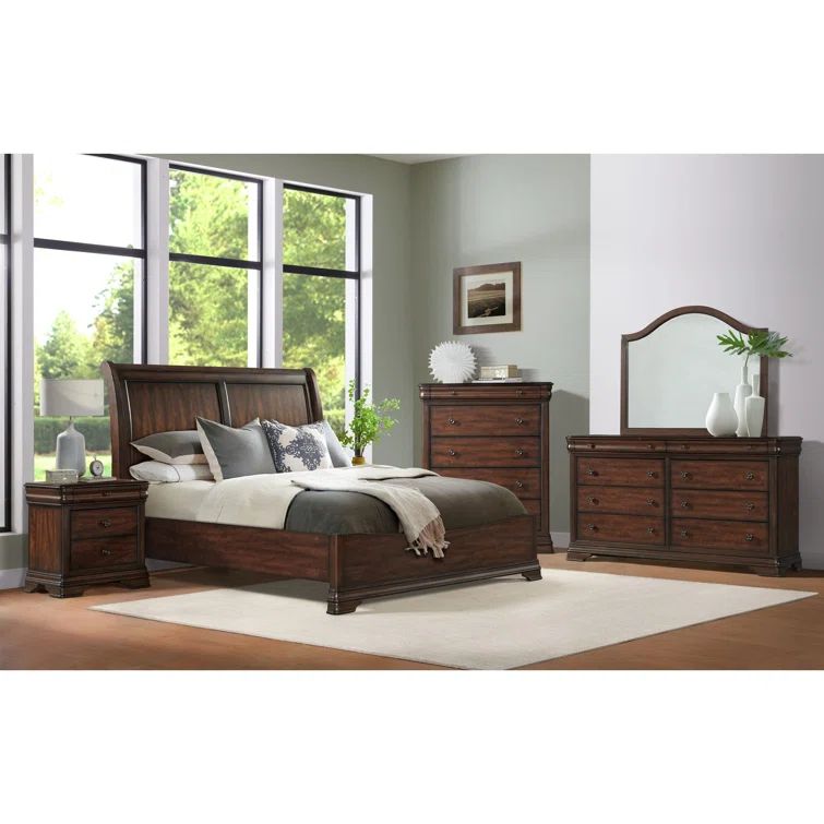 Queen Dark Brown Poplar Wood 5-Piece Bedroom Set
