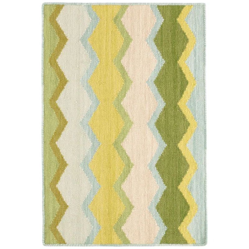 Safety Net Green and Yellow Handwoven Wool Geometric Rug 2' x 3'