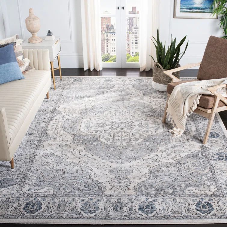 Elegant Ivory and Grey Floral Synthetic Area Rug, 8' x 10'
