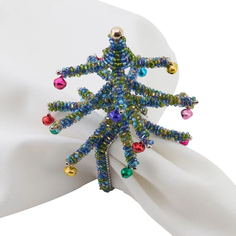 Blue Beaded Christmas Tree Napkin Rings Set of 4