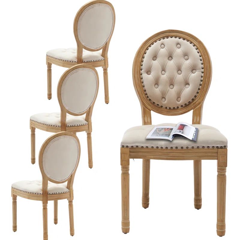 Beige Velvet Upholstered French Style Side Chair Set with Wood Legs