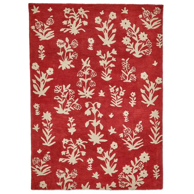 Red and Beige Floral Hand Tufted Wool Rectangular Rug 4'6" x 6'6"