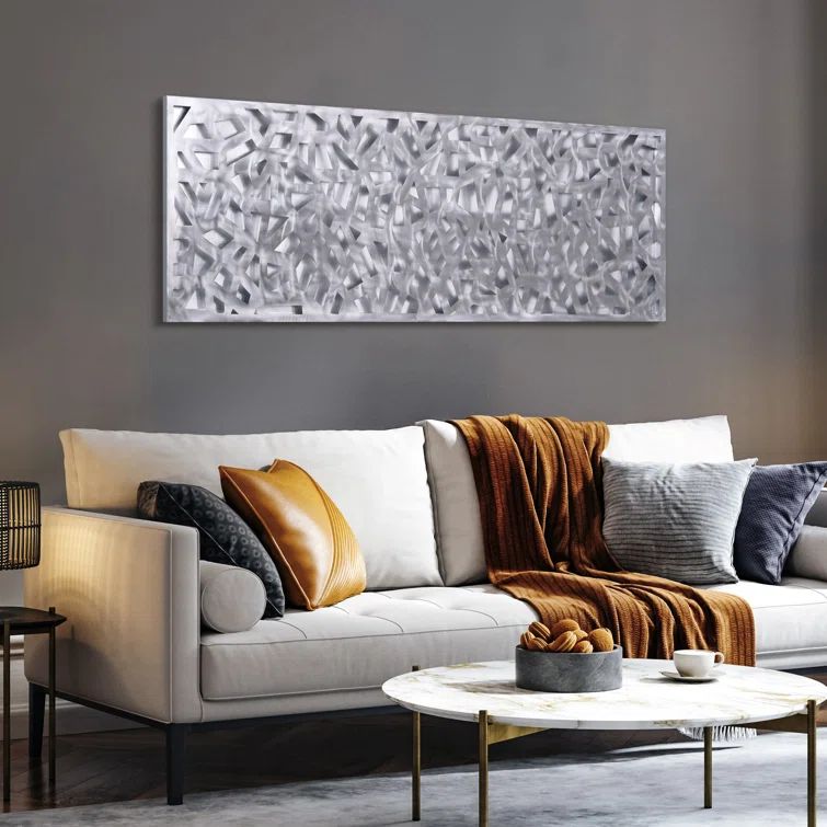 Shimmering Cascade Silver Leaf 3D Polished Steel Abstract Wall Sculpture, 72" x 22"