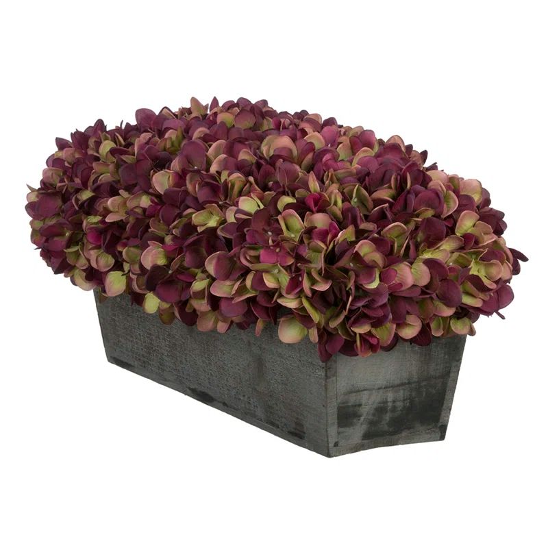 Rustic Plum Sage Hydrangeas in White-Washed Wood Ledge Centerpiece