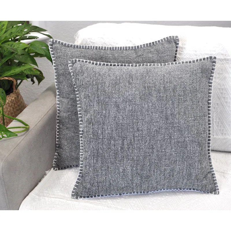 Gray Embroidered Chenille Square Throw Pillow Covers (Set of 2)