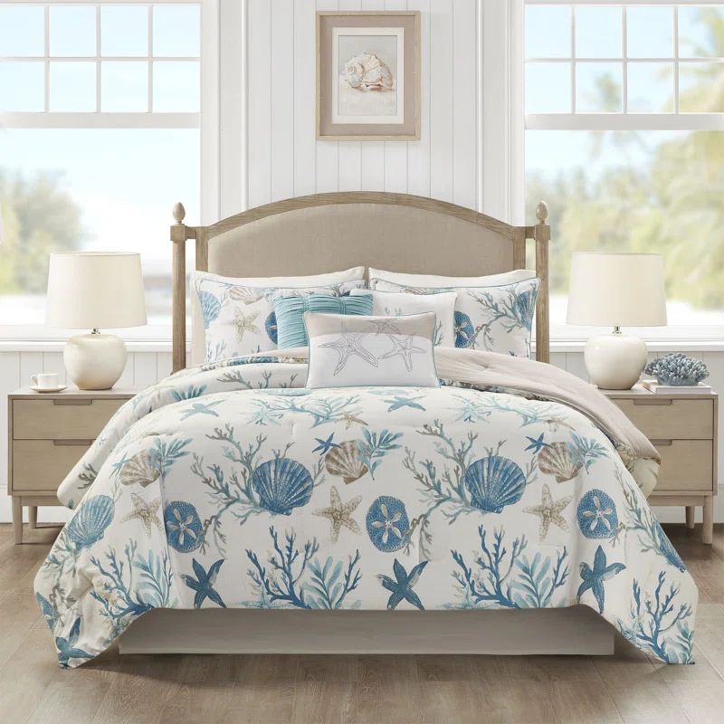 California King Aqua Cotton Coastal Comforter Set with Decorative Pillows