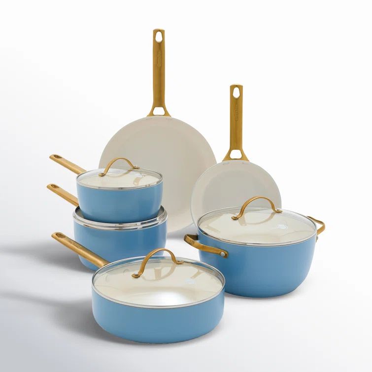 Sky Blue Ceramic Nonstick 10-Piece Cookware Set with Gold-Tone Handles