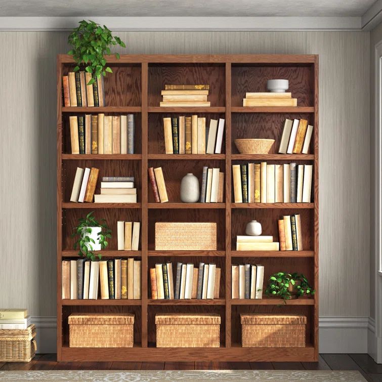 Traditional Dry Oak 84" Triple Wide 18-Shelf Bookcase