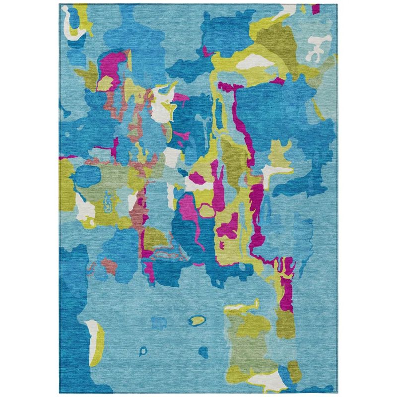 Aqua Abstract Flat Woven Washable Synthetic Rug 3' x 5'
