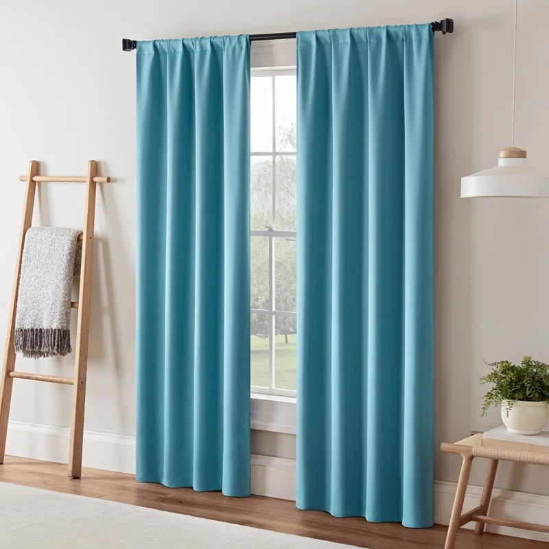 Sky Blue Blackout Rod Pocket Polyester Curtain Panel, 37x95