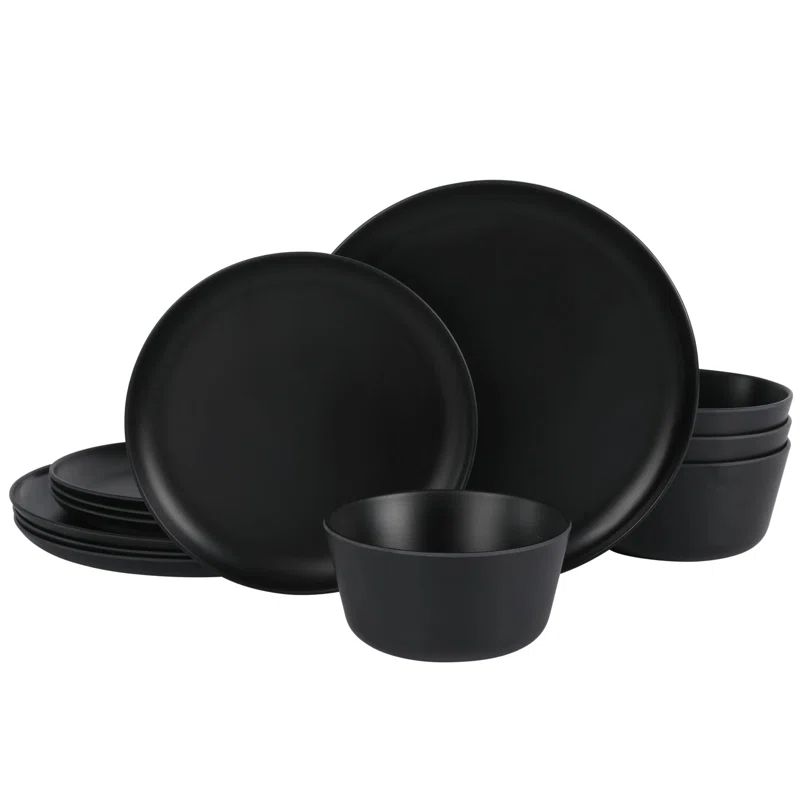 Matte Black Melamine 12-Piece Dinnerware Set for 4