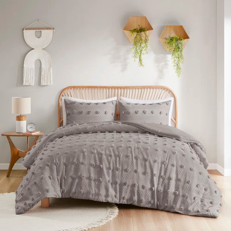 Gray Full/Queen Clip Jacquard Duvet Cover Set with Pompoms