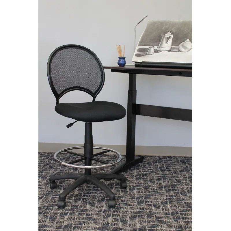Black Mesh Fabric Armless Drafting Stool with Metal Base