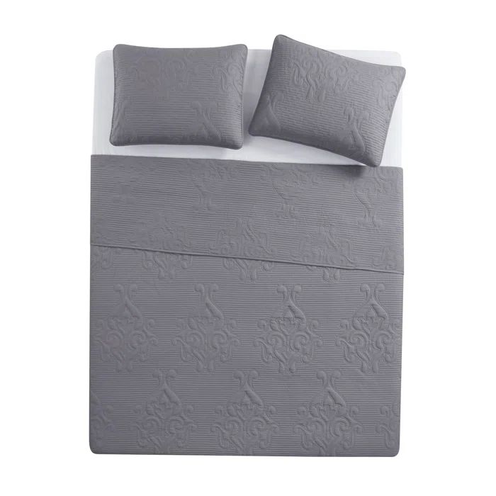 Gray Full Microfiber Damask Quilt Set with Shams