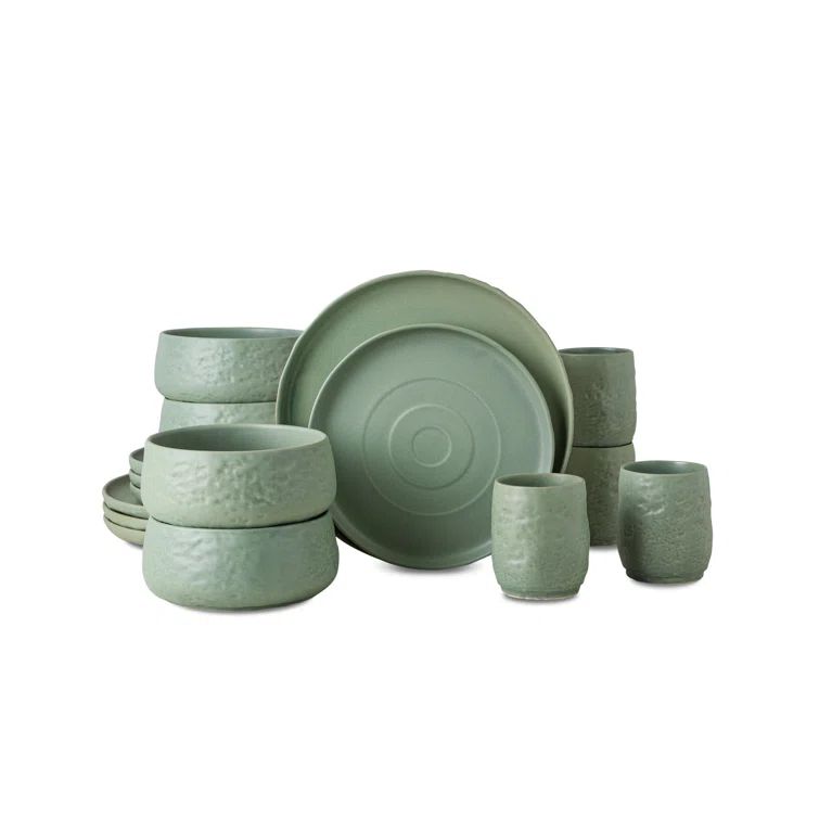 Sage Green Ceramic 16-Piece Textured Dinnerware Set