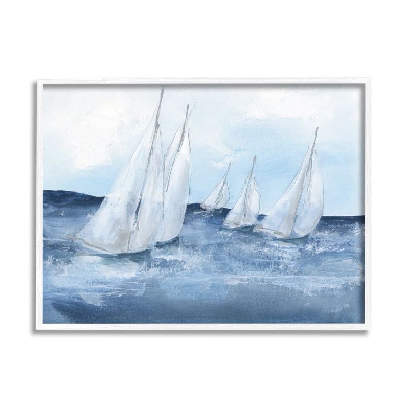 White Sailboats on Blue Ocean Canvas Print with White Frame