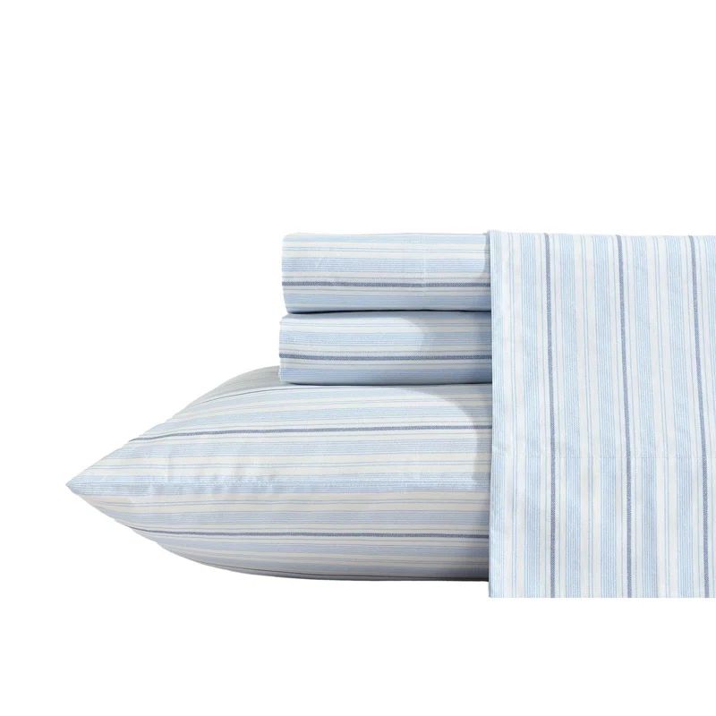 Pale Blue Cotton Percale Queen Sheet Set with Stripes