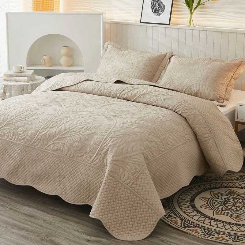 Khaki Cotton Queen Reversible Floral Quilt Set