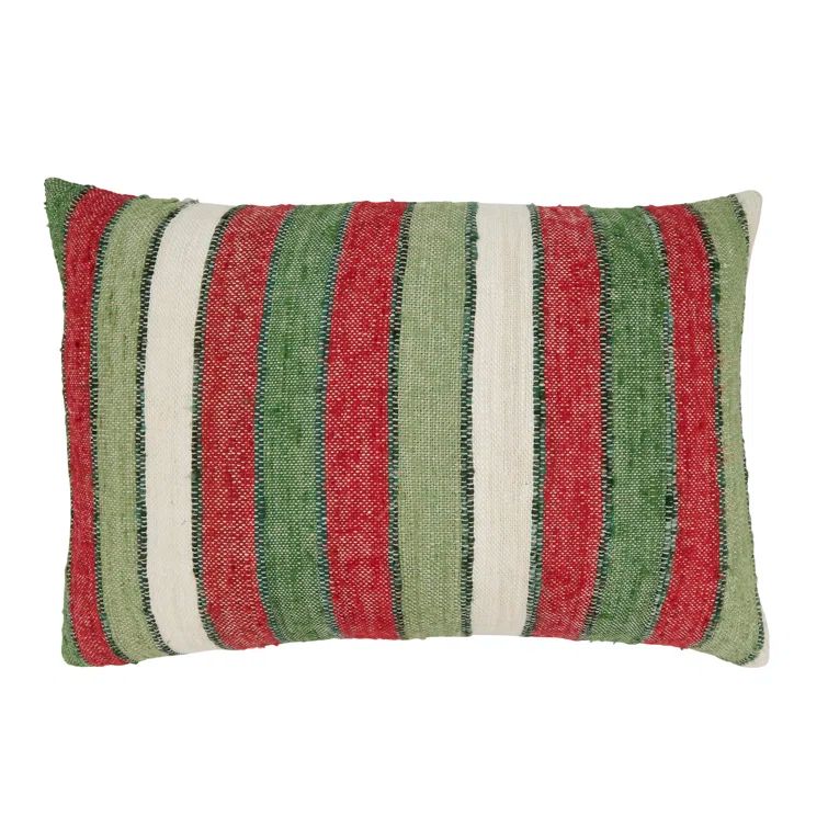 Striped Red and Green Cotton Throw Pillow, 16" x 24"