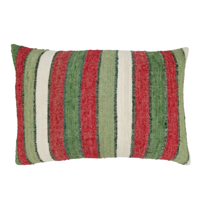 Striped Red and Green Cotton Throw Pillow, 16" x 24"