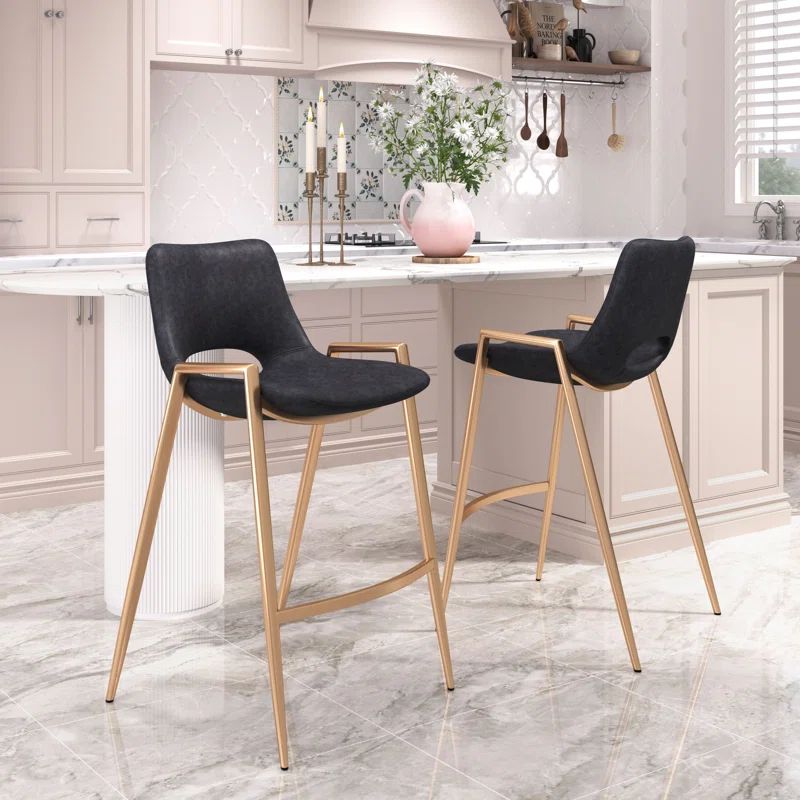 Desi Black Faux Leather and Gold Metal Counter Stool Set