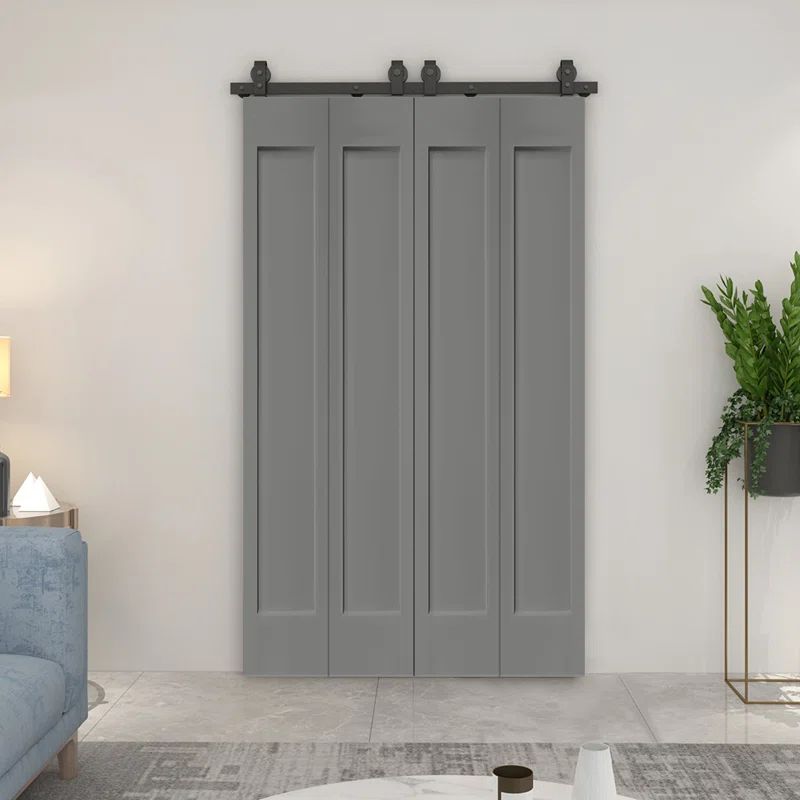 Light Gray MDF Double Bifold Barn Door with Black Hardware